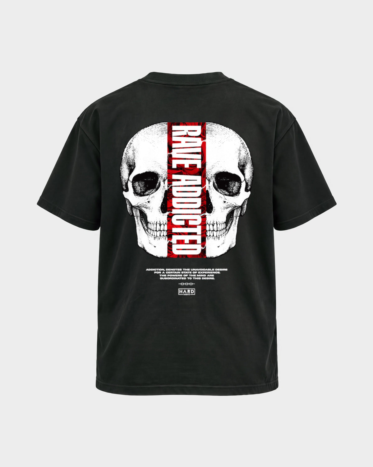 Rave Addicted – Basic Shirt in Schwarz, Rückenprint – Hard Nights