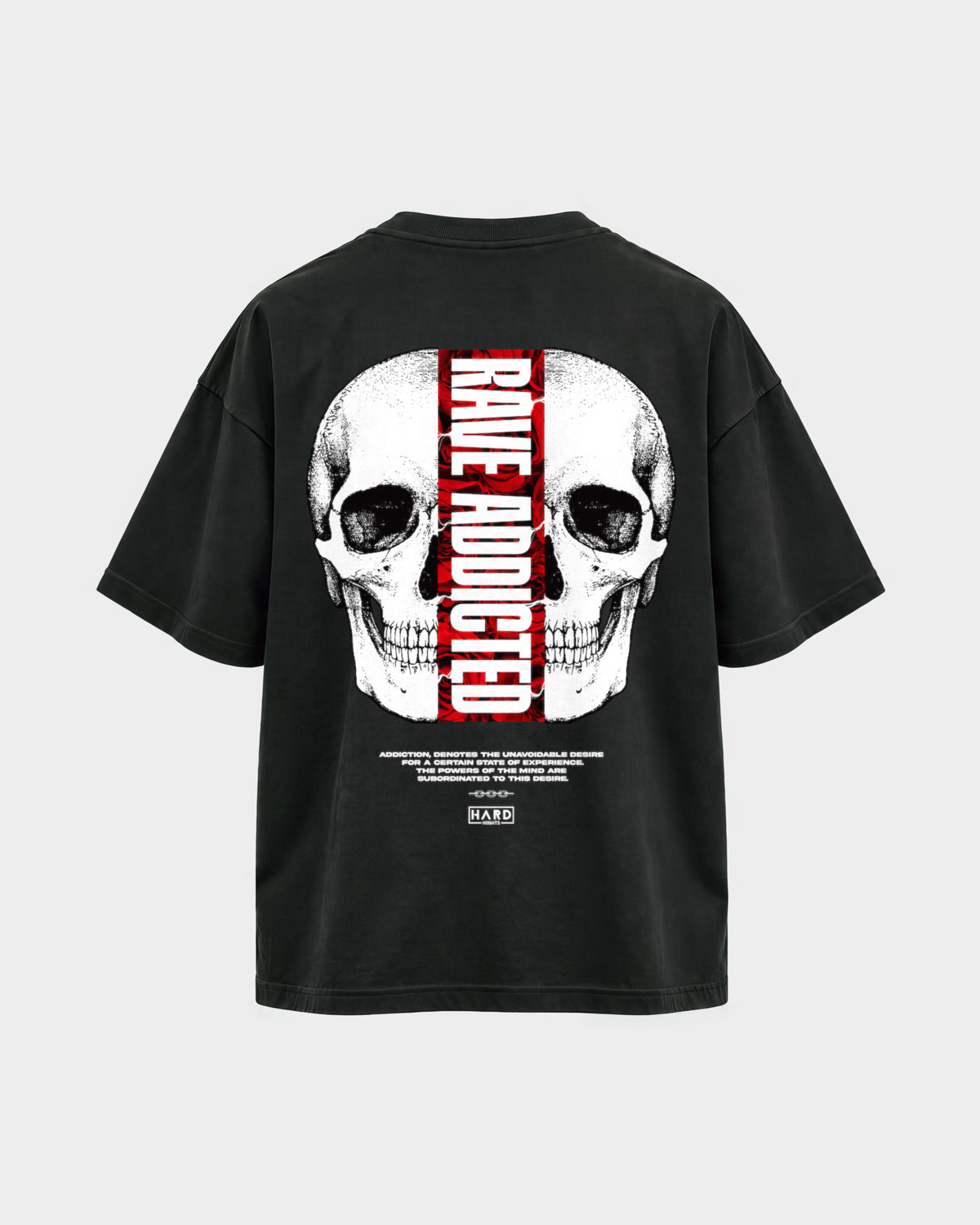 Rave Addicted – Oversized Shirt in Schwarz, Rückenprint – Hard Nights