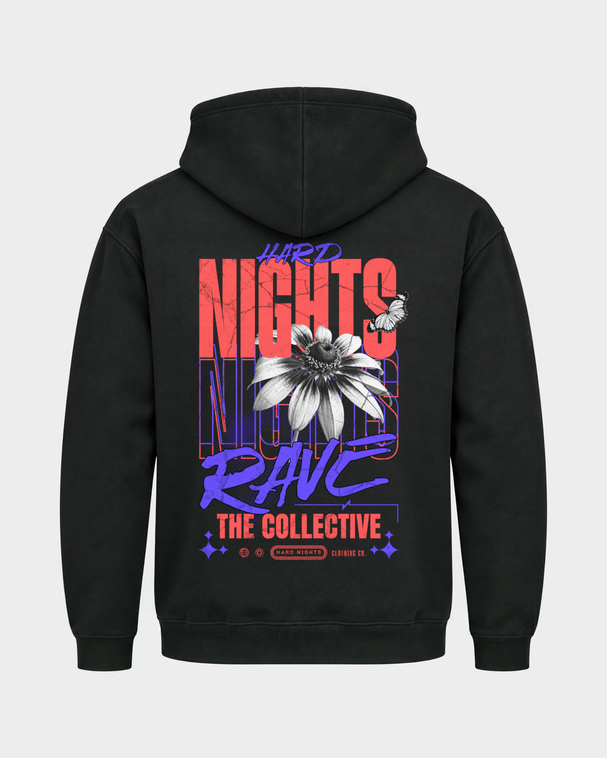 Rave Collective – Basic Hoodie in Schwarz, Rückenprint – Hard Nights