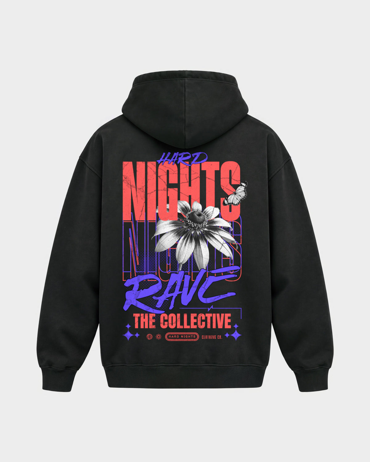 Rave Collective – Oversized Hoodie in Schwarz, Rückenprint – Hard Nights