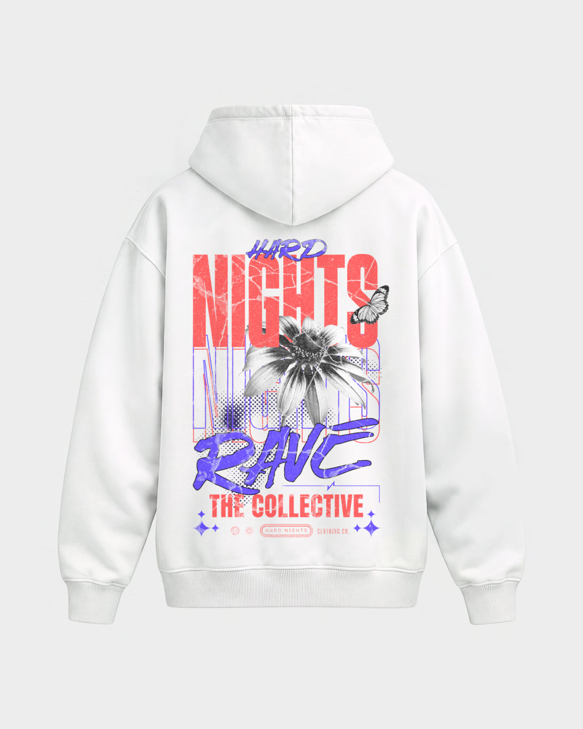Rave Collective – Oversized Hoodie in Weiß, Rückenprint – Hard Nights