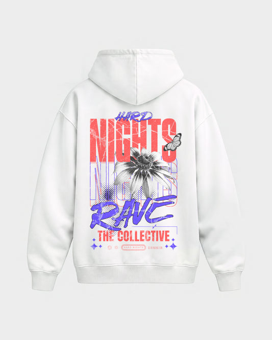 Rave Collective – Oversized Hoodie in Weiß, Rückenprint – Hard Nights