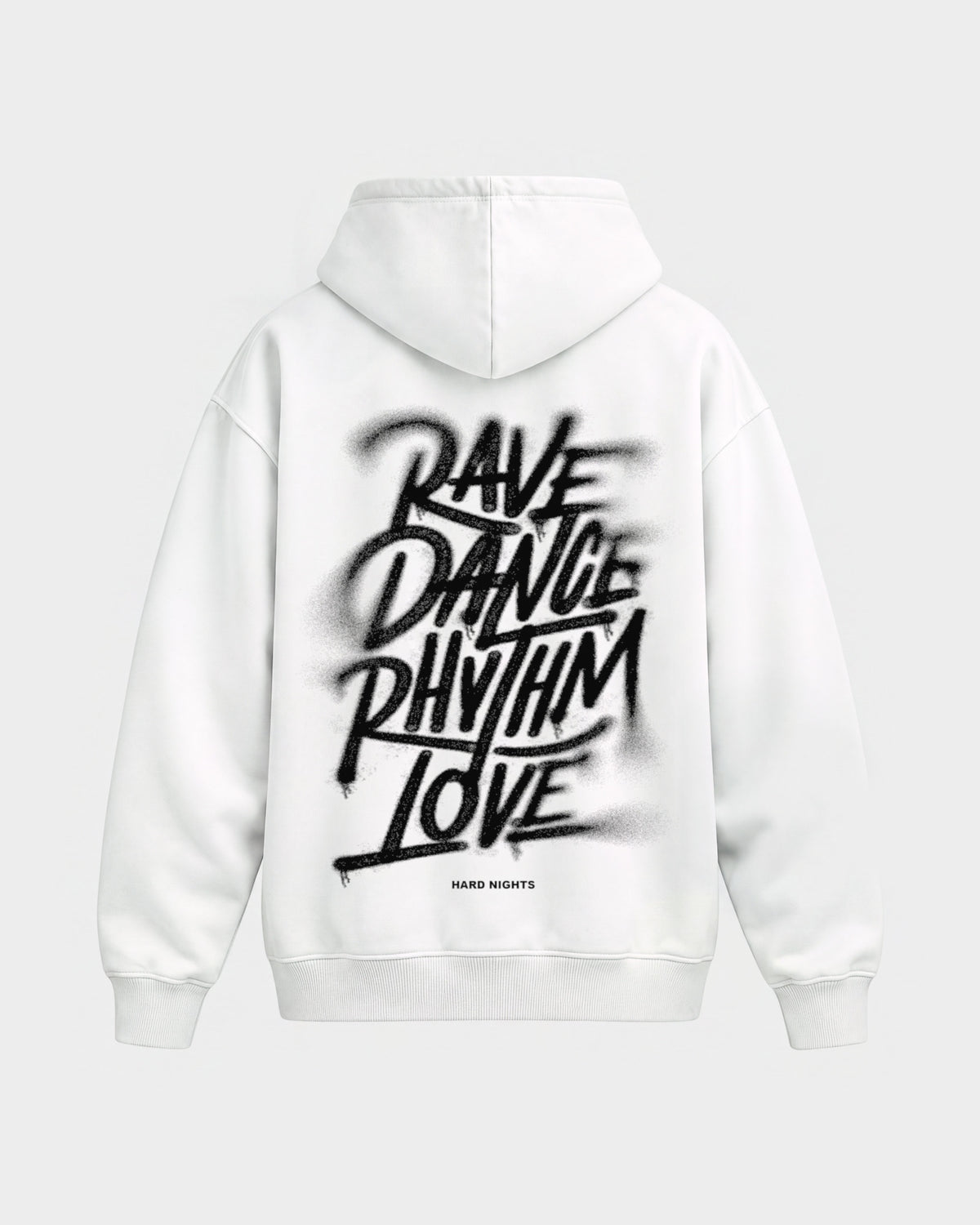 Rave Dance Rhythm Love – Oversized Hoodie in Weiß, Rückenprint – Hard Nights