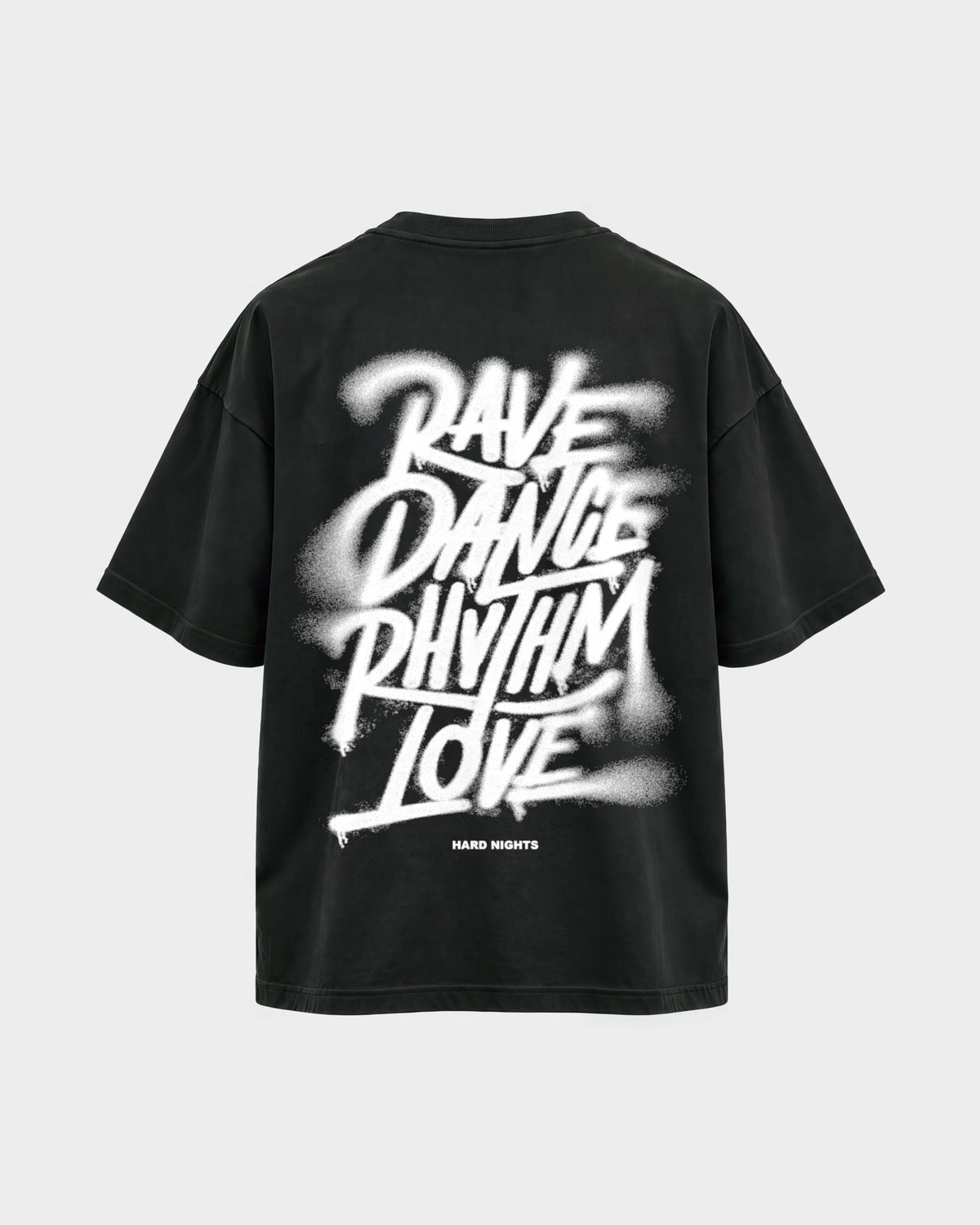Rave,Dance,Rhythm & Love – Oversized Shirt in Schwarz, Rückenprint – Hard Nights