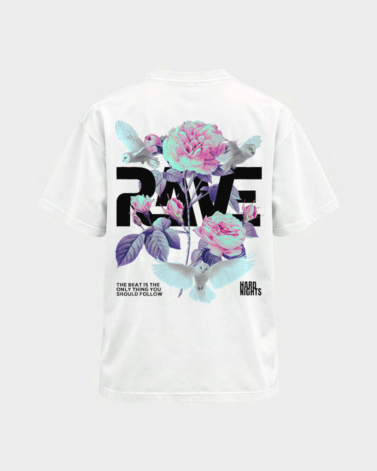 Rave Flowers – Basic Shirt in Weiß, Rückenprint – Hard Nights