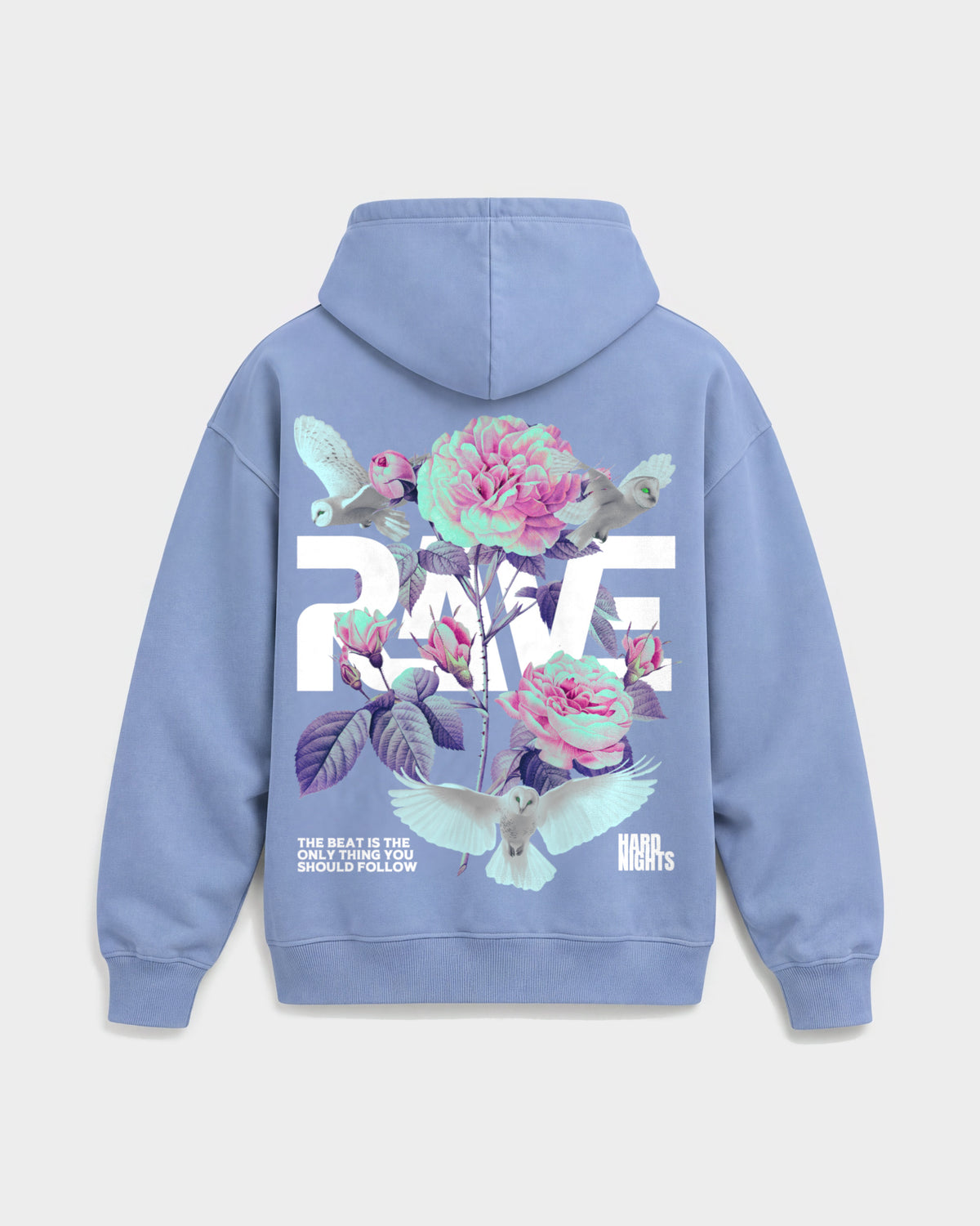 Rave Flowers – Oversized Hoodie in Puderblau, Rückenprint – Hard Nights