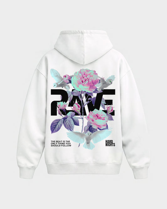 Rave Flowers – Oversized Hoodie in Weiß, Rückenprint – Hard Nights