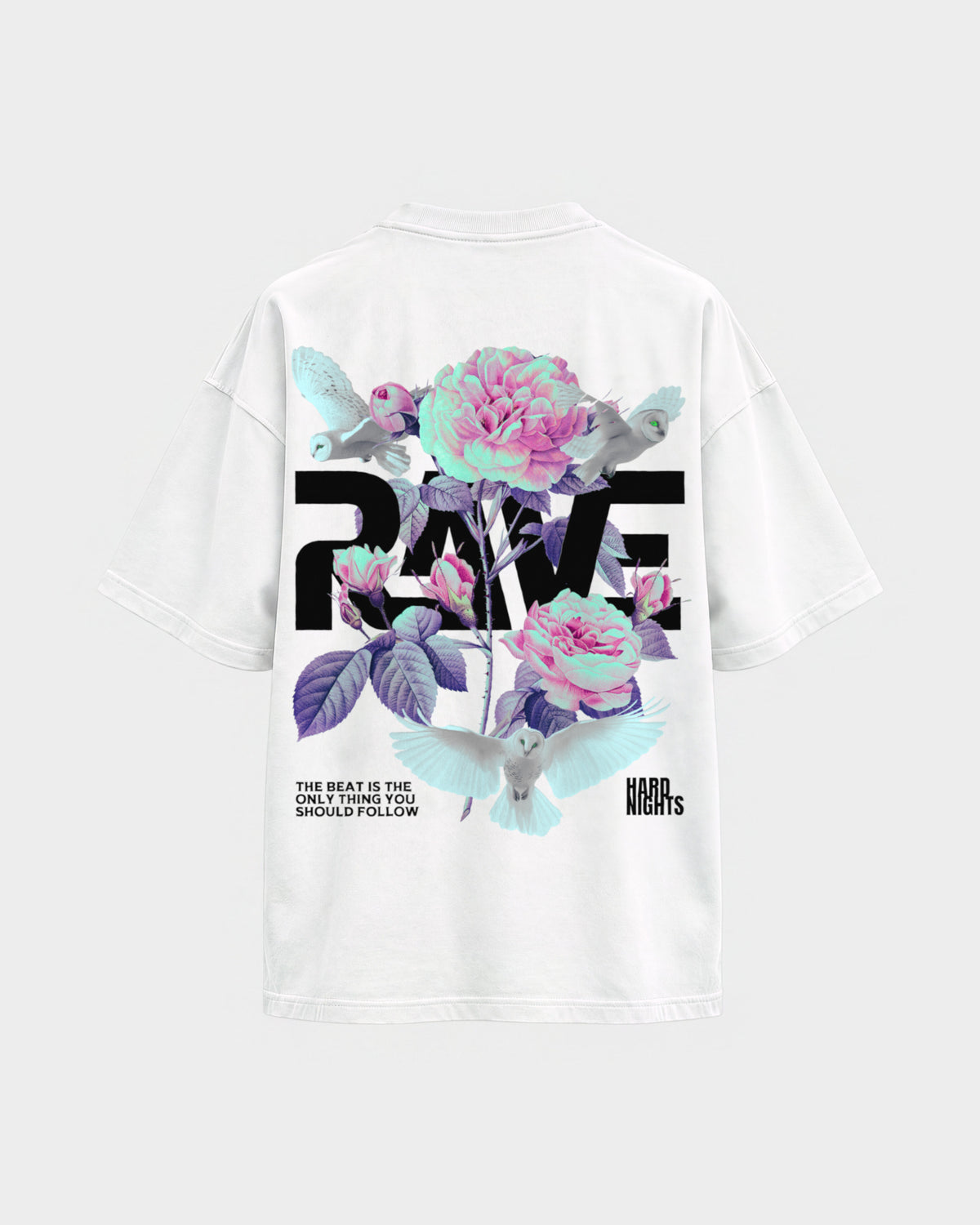 Rave Flowers – Oversized Shirt in Weiß, Rückenprint – Hard Nights