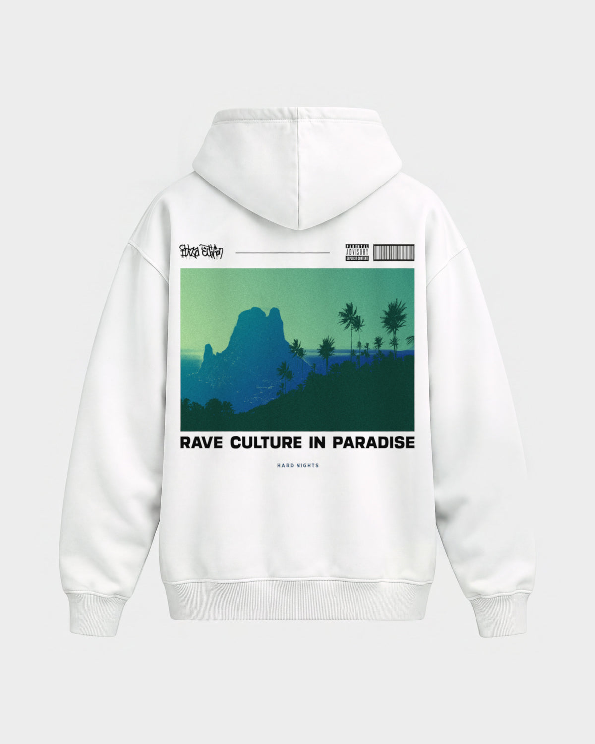 Rave in paradise – Oversized Hoodie in Weiß, Rückenprint – Hard Nights