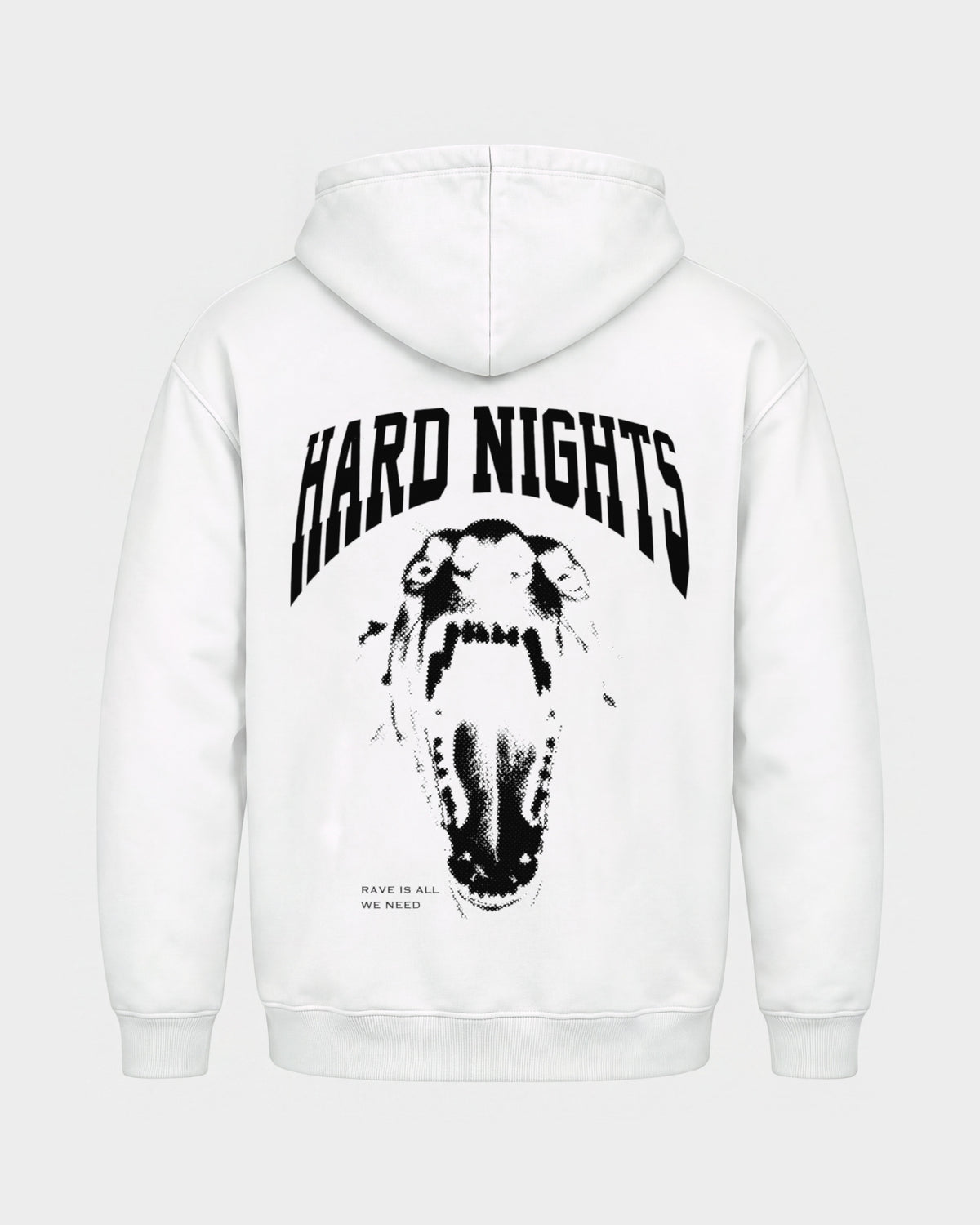 Rave is all we need – Basic Hoodie in Weiß, Rückenprint – Hard Nights