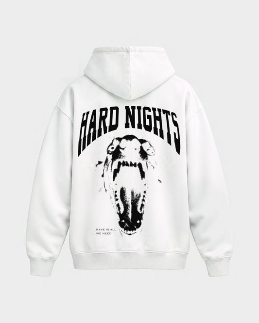 Rave is all we need – Oversized Hoodie in Weiß, Rückenprint – Hard Nights