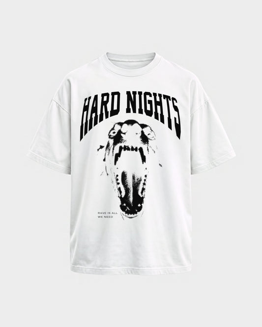 Rave is all we need – Oversized Shirt in Weiß, Frontprint – Hard Nights