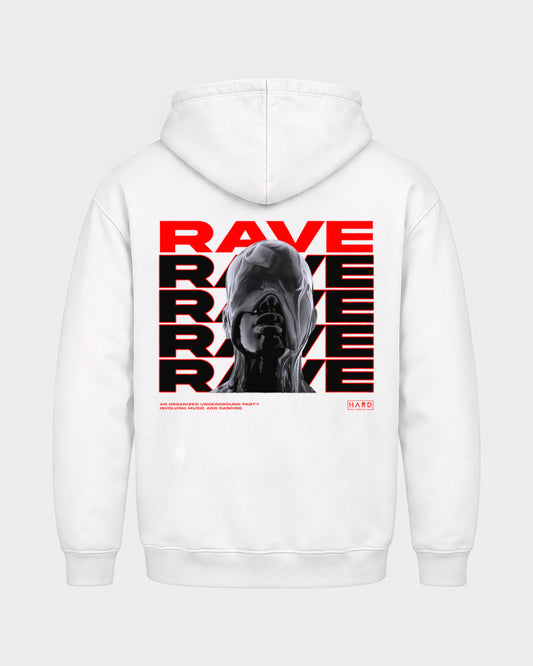Rave Rave Rave – Basic Hoodie in Weiß, Rückenprint – Hard Nights