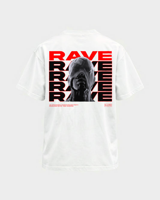Rave Rave Rave – Basic Shirt in Weiß, Rückenprint – Hard Nights