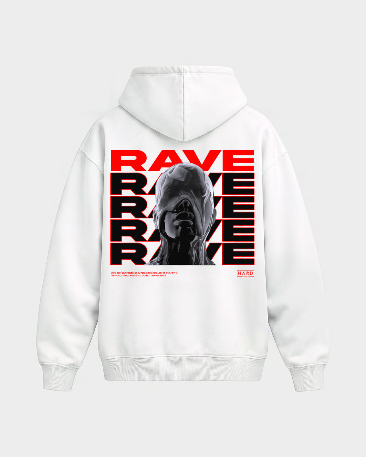 Rave Rave Rave – Oversized Hoodie in Weiß, Rückenprint – Hard Nights