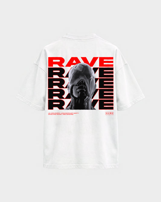 Rave Rave Rave – Oversized Shirt in Weiß, Rückenprint – Hard Nights