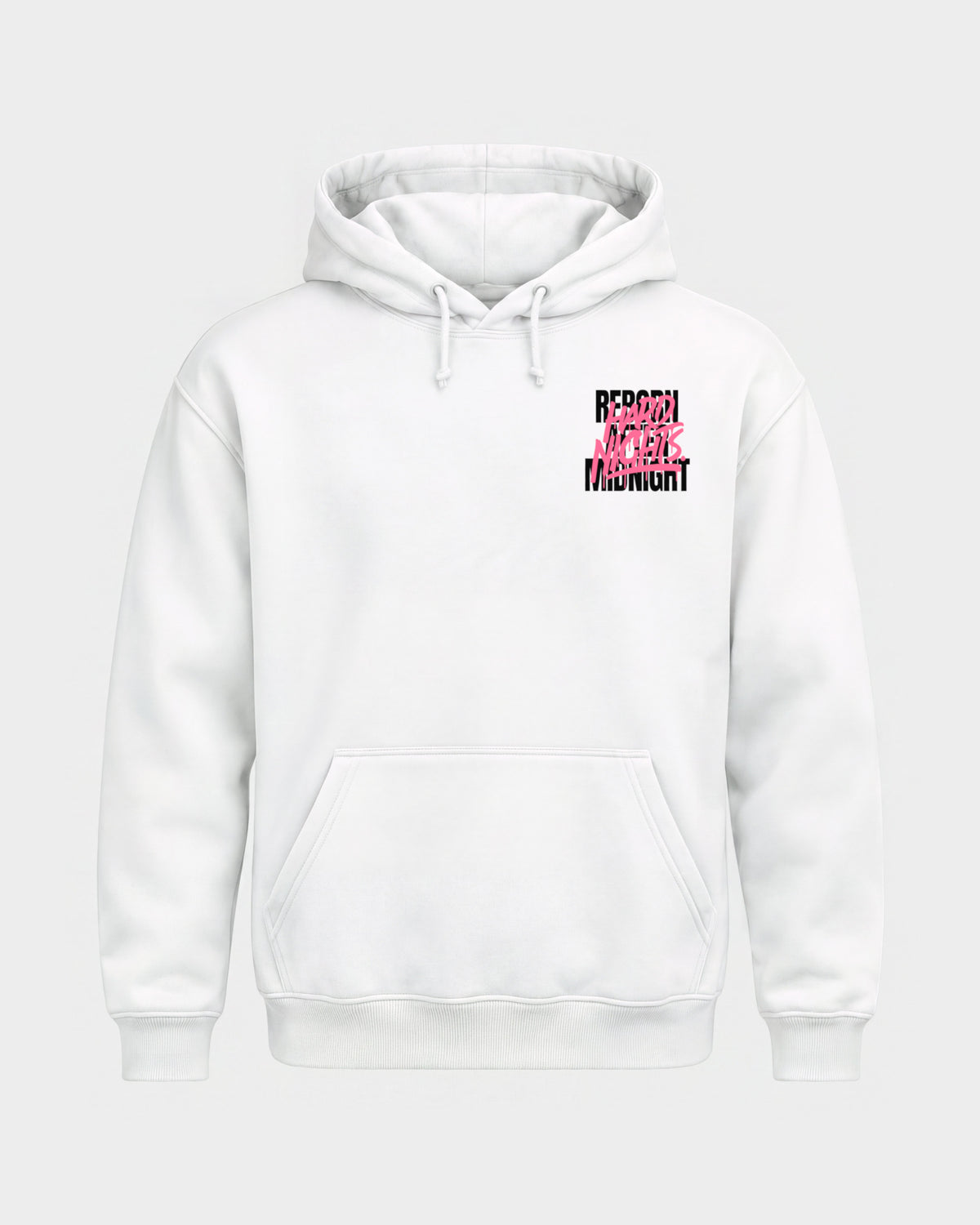 Rave Reborn System – Basic Hoodie in Weiß, Frontprint – Hard Nights