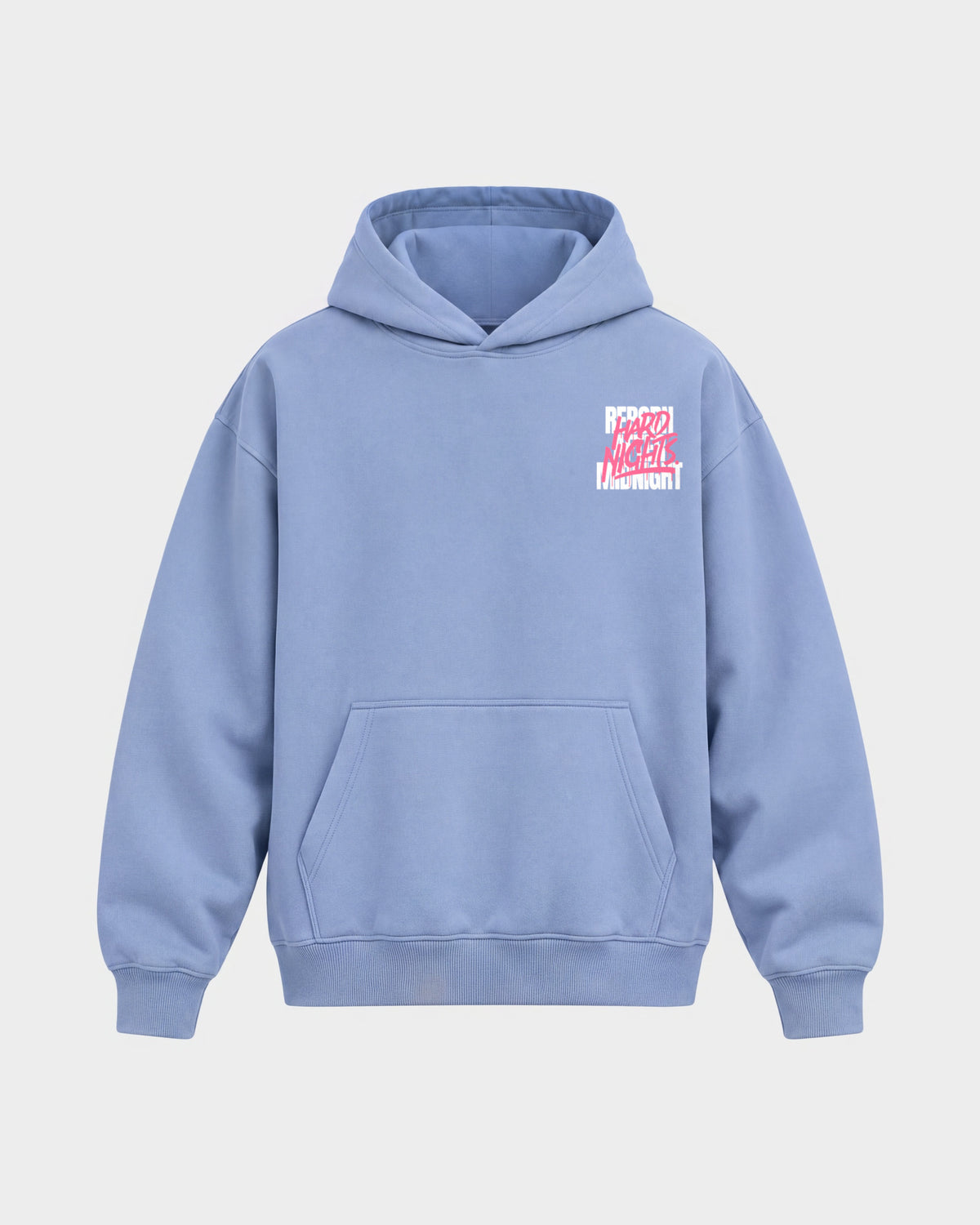 Rave Reborn System – Oversized Hoodie in Puderblau, Frontprint – Hard Nights