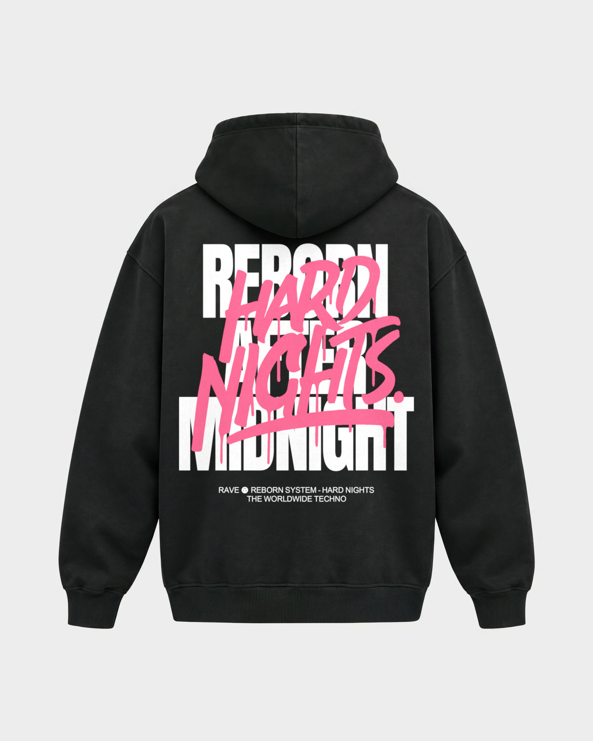 Rave Reborn System – Oversized Hoodie in Schwarz, Rückenprint – Hard Nights