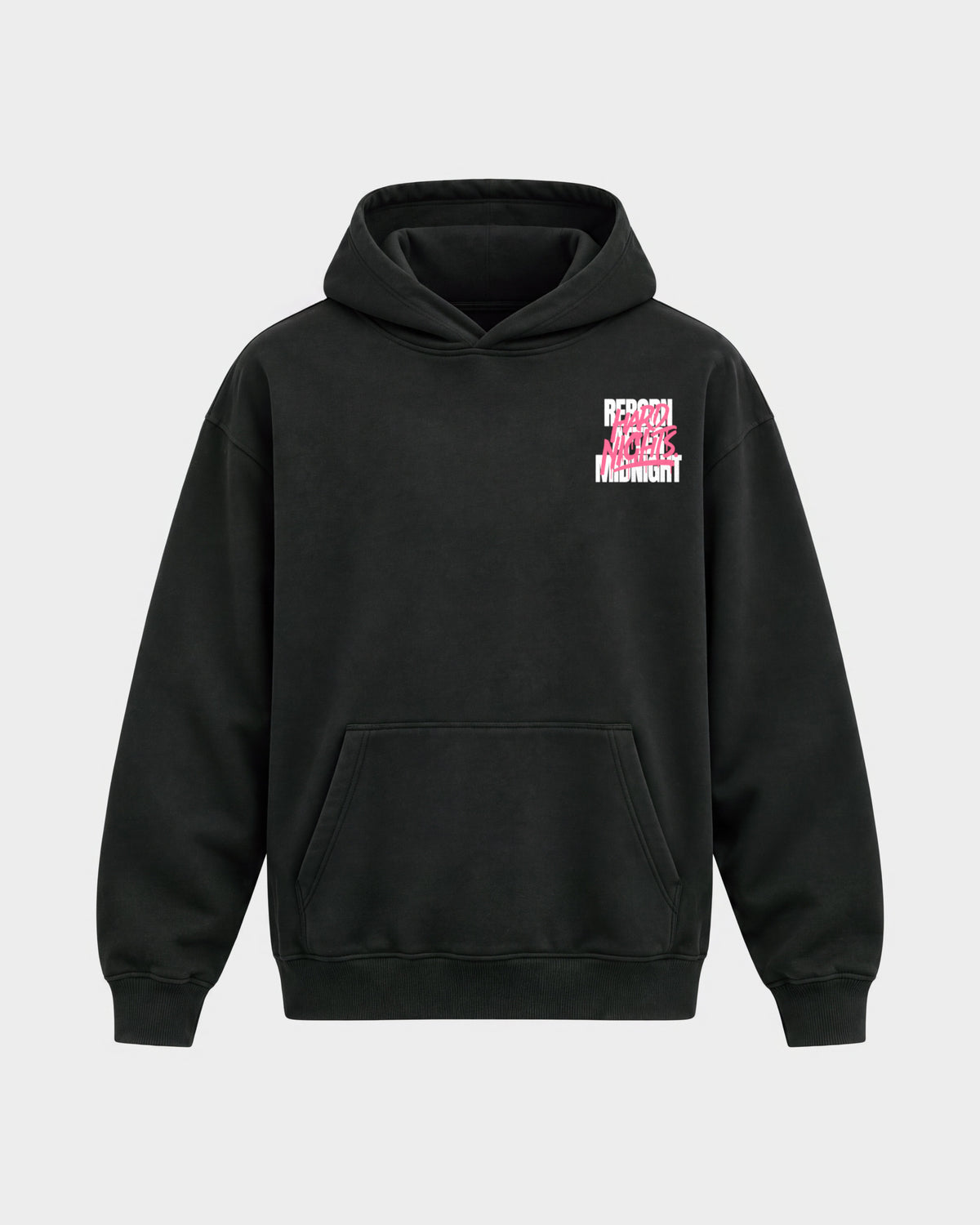 Rave Reborn System – Oversized Hoodie in Schwarz, Frontprint – Hard Nights