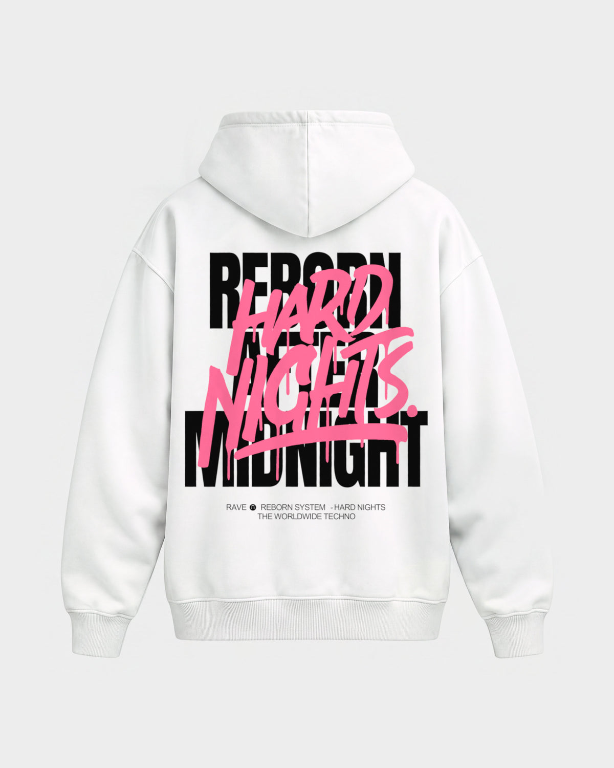 Rave Reborn System – Oversized Hoodie in Weiß, Rückenprint – Hard Nights