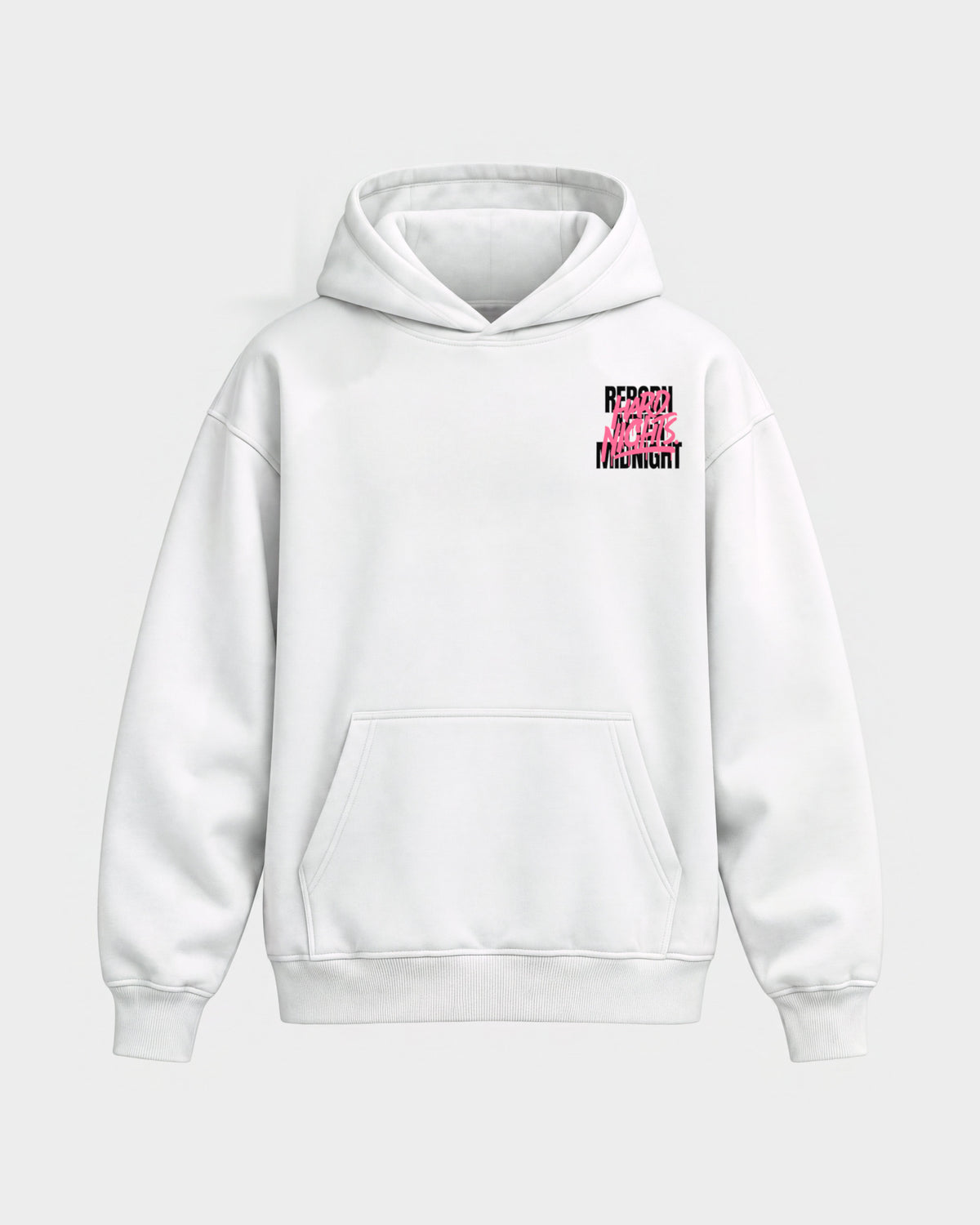 Rave Reborn System – Oversized Hoodie in Weiß, Frontprint – Hard Nights