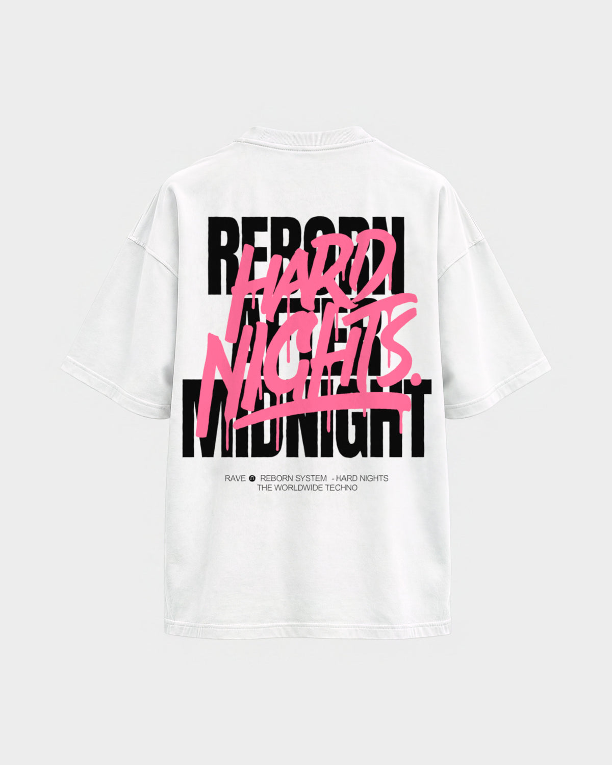 Rave Reborn System – Oversized Shirt in Weiß, Rückenprint – Hard Nights