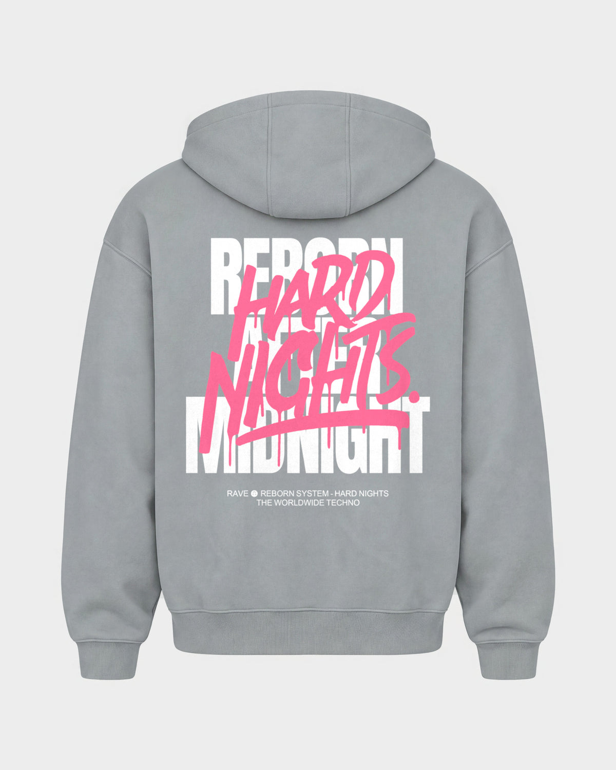 Rave Reborn System – Oversized Zipper Hoodie in Hellgrau, Rückenprint – Hard Nights