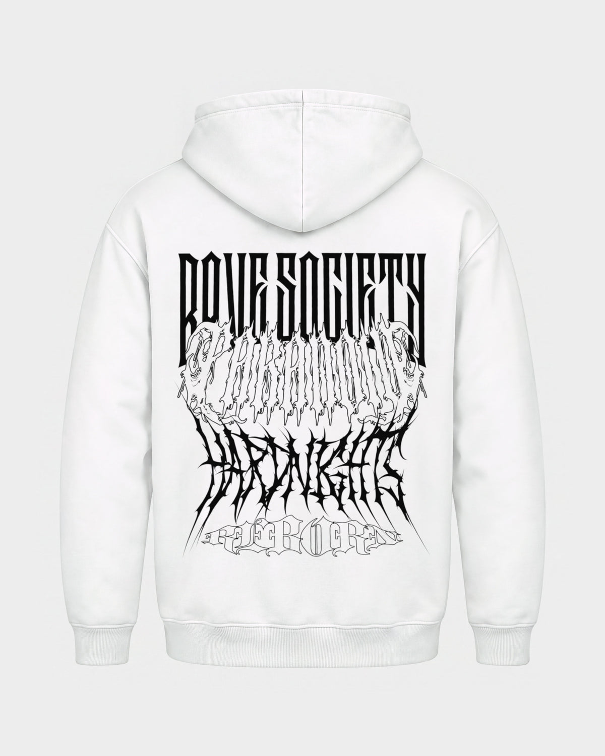 Rave Society – Basic Hoodie in Weiß, Rückenprint – Hard Nights
