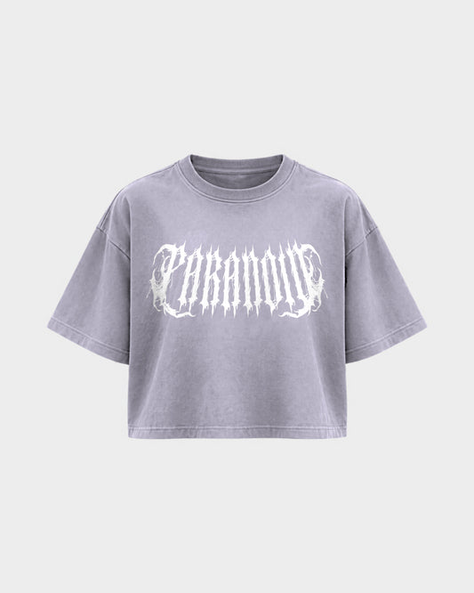 Rave Society – Oversized Crop Top in Soft Lila, Frontprint – Hard Nights