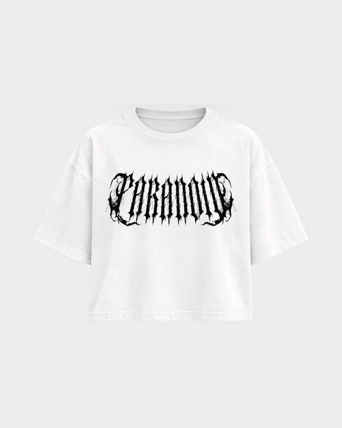 Rave Society – Oversized Crop Top in Weiß, Frontprint – Hard Nights