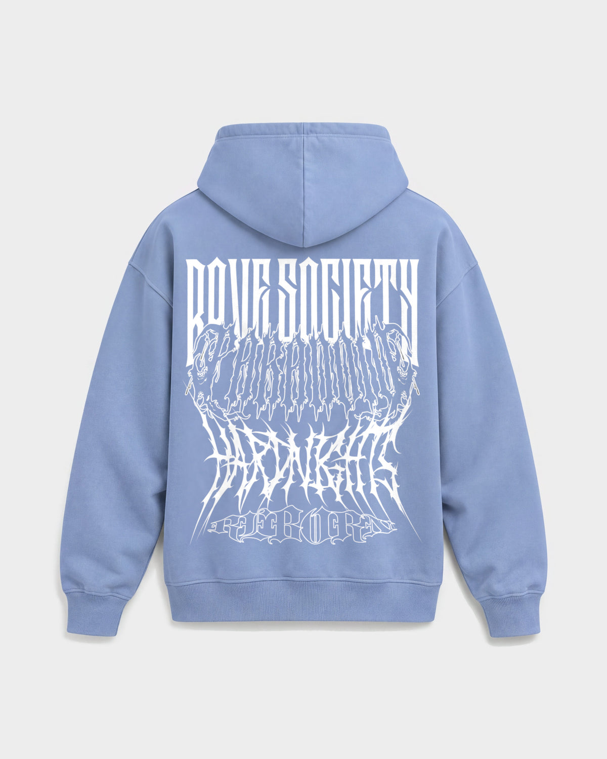 Rave Society – Oversized Hoodie in Puderblau, Rückenprint – Hard Nights
