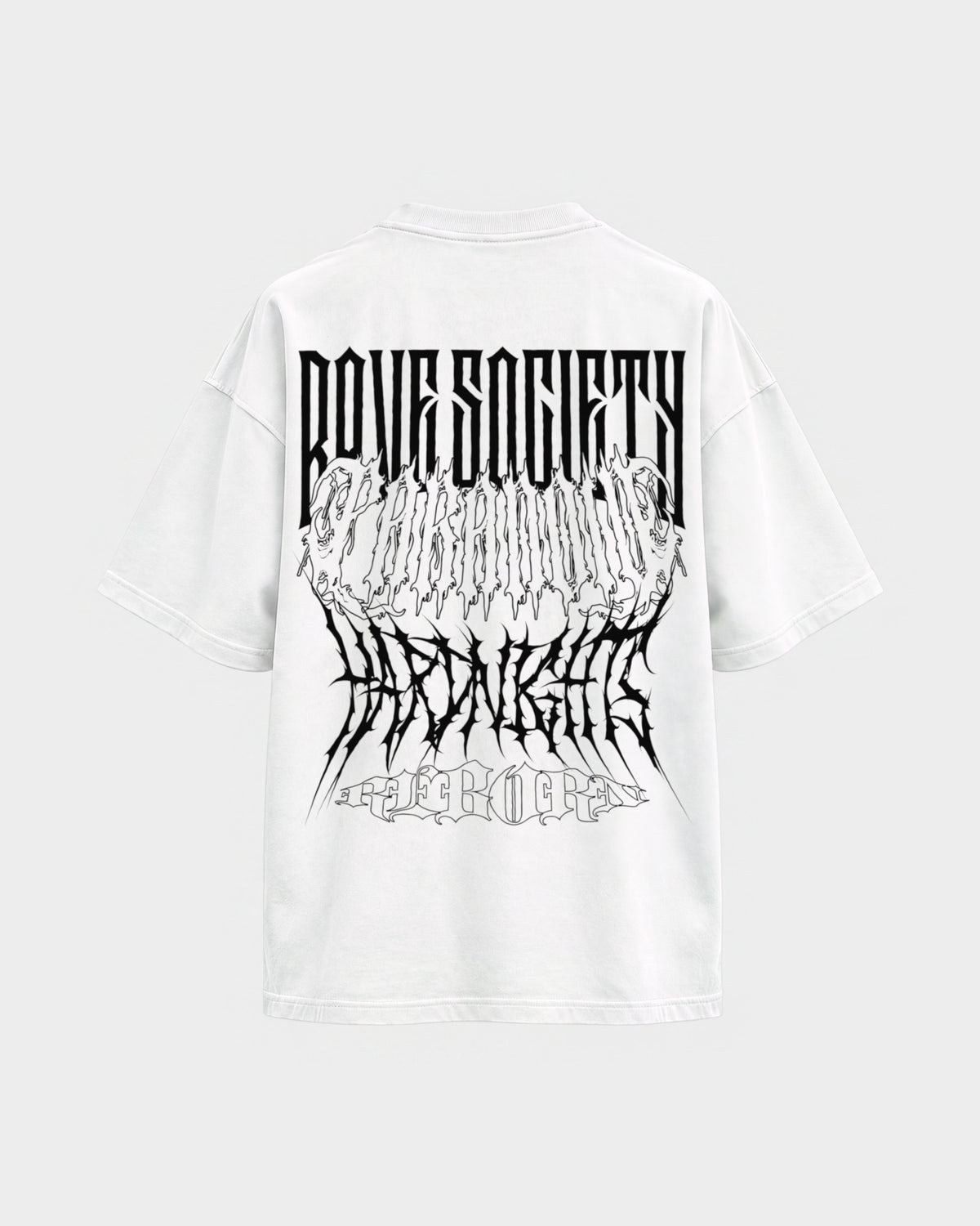 Rave Society – Oversized Shirt in Weiß, Rückenprint – Hard Nights