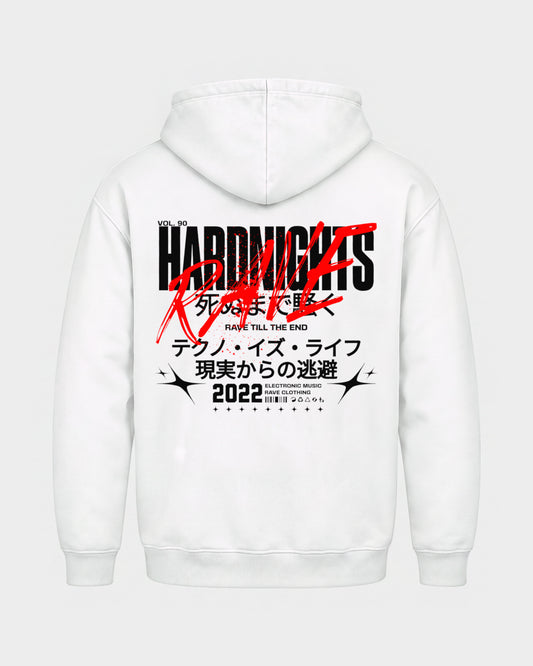 Rave till the end – Basic Hoodie in Weiß, Rückenprint – Hard Nights