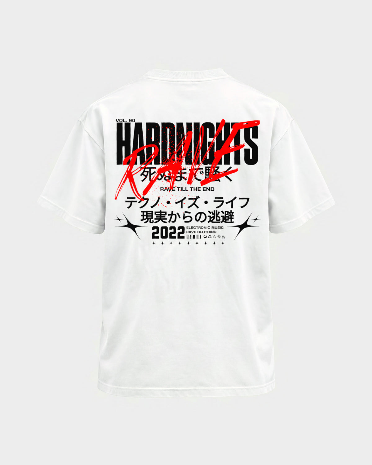 Rave till the end – Basic Shirt in Weiß, Rückenprint – Hard Nights