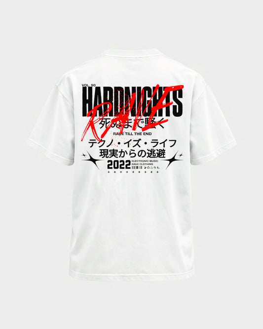 Rave till the end – Basic Shirt in Weiß, Rückenprint – Hard Nights