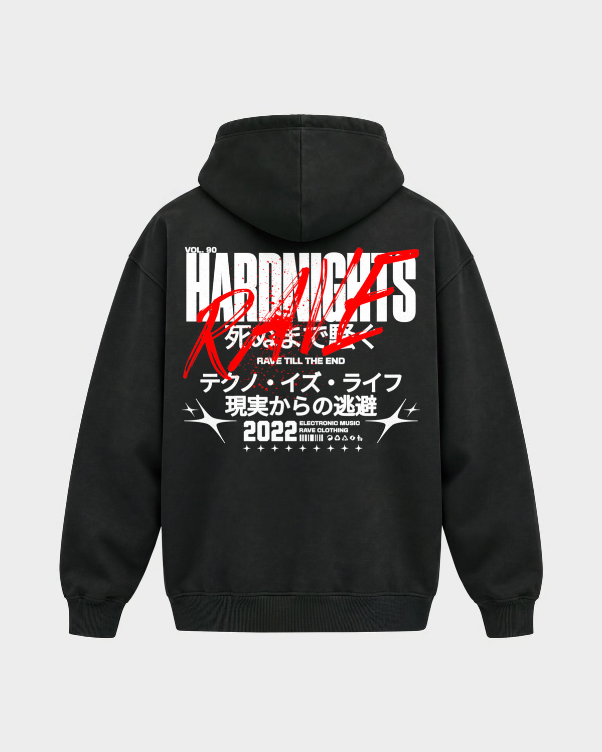 Rave till the end – Oversized Hoodie in Schwarz, Rückenprint – Hard Nights
