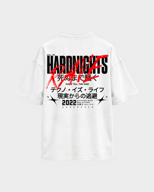Rave till the end – Oversized Shirt in Weiß, Rückenprint – Hard Nights