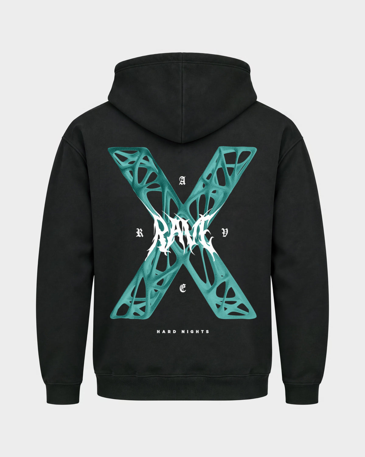 Rave X – Basic Hoodie in Schwarz, Rückenprint – Hard Nights