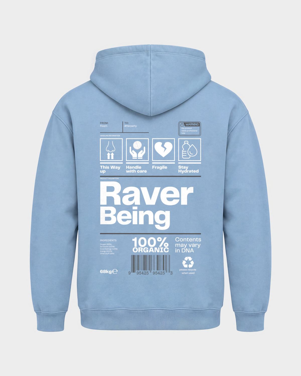 Raver Being – Basic Hoodie in Himmelblau, Rückenprint – Hard Nights