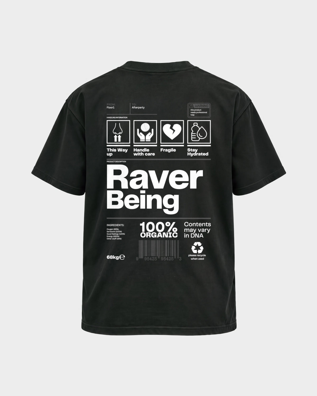 Raver Being – Basic Shirt in Schwarz, Rückenprint – Hard Nights