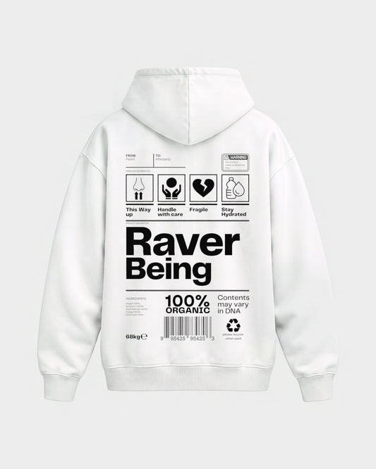 Raver Being – Oversized Hoodie in Weiß, Rückenprint – Hard Nights