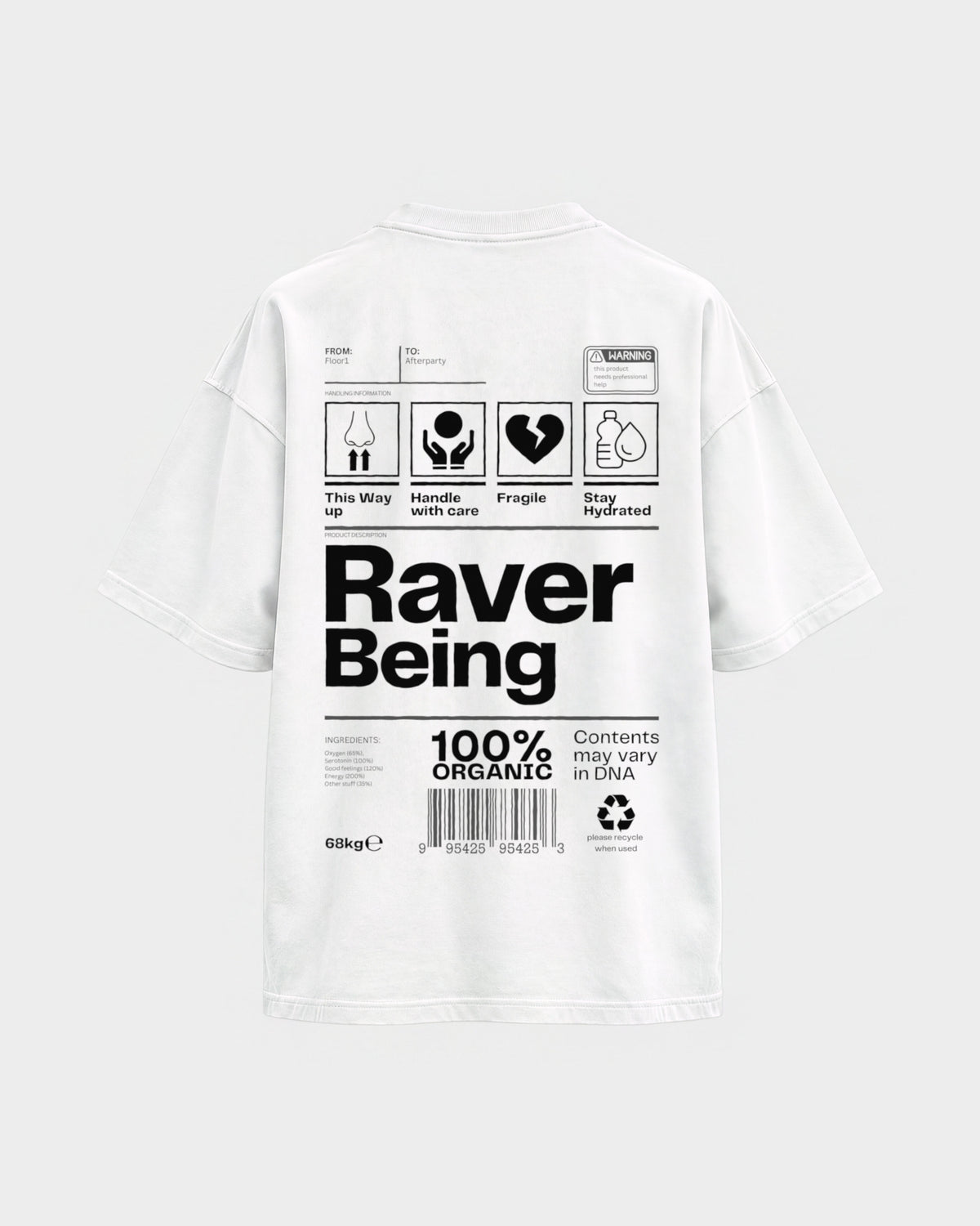 Raver Being – Oversized Shirt in Weiß, Rückenprint – Hard Nights