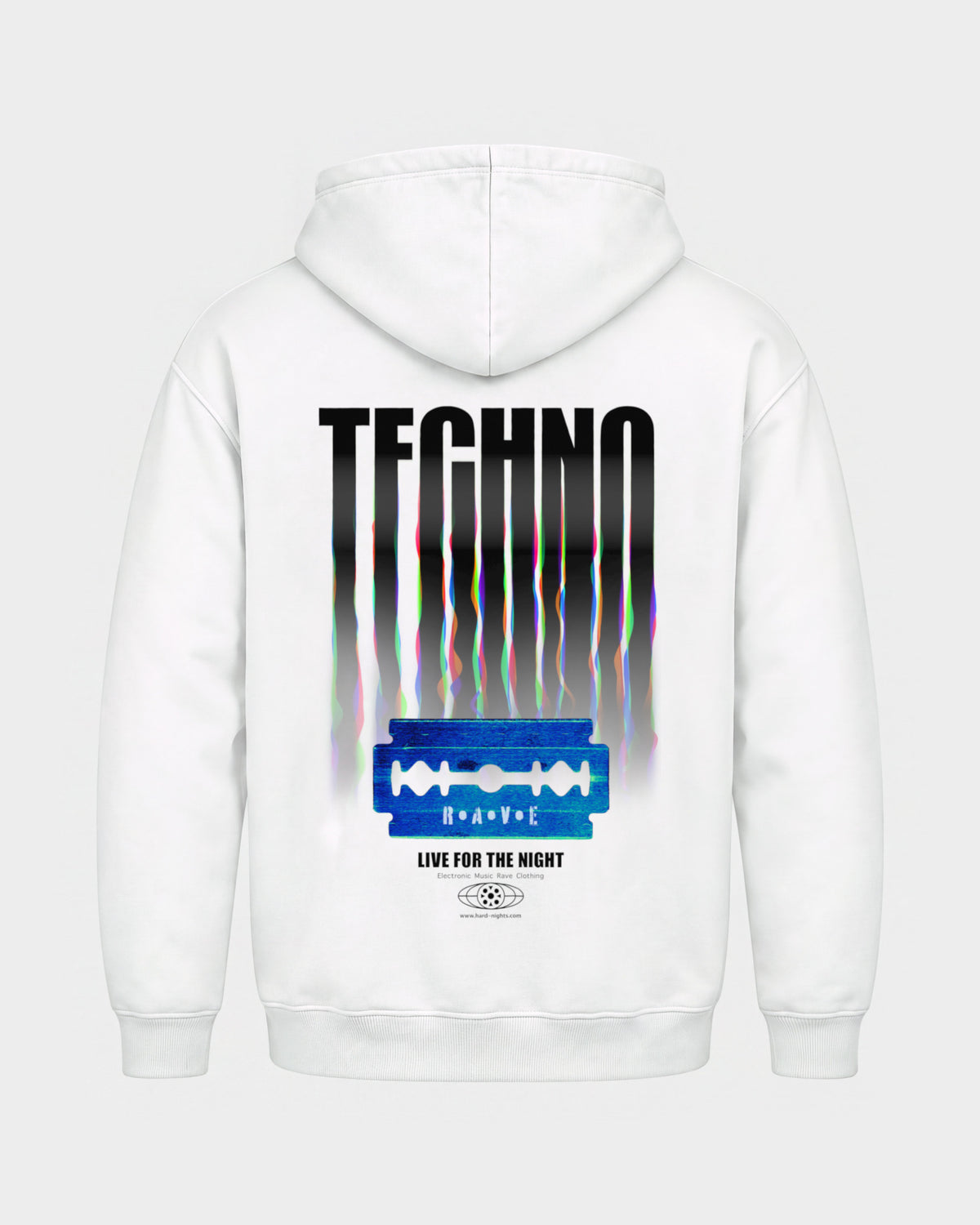 Razor Blade – Basic Hoodie in Weiß, Rückenprint – Hard Nights