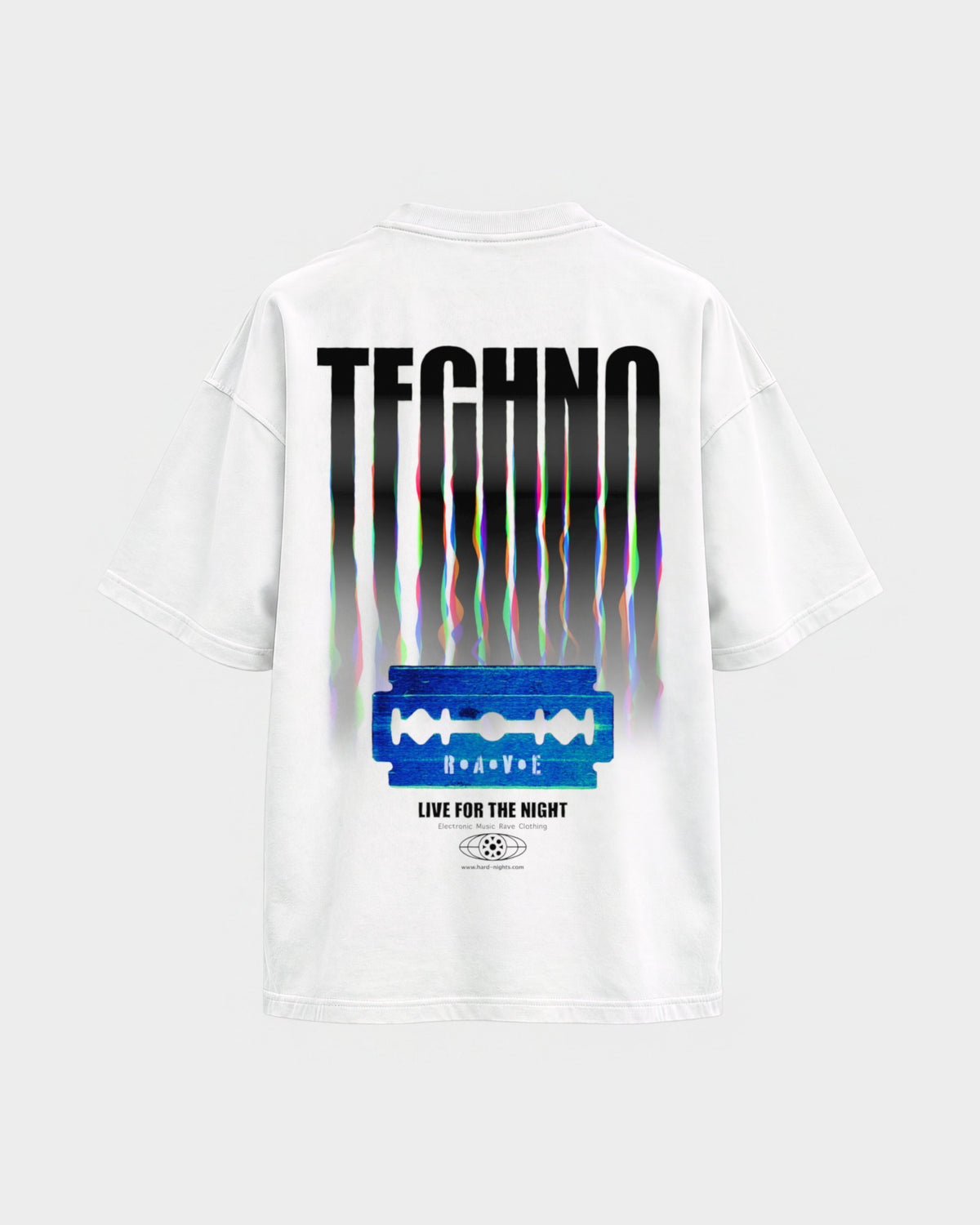 Razor Blade – Oversized Shirt in Weiß, Rückenprint – Hard Nights