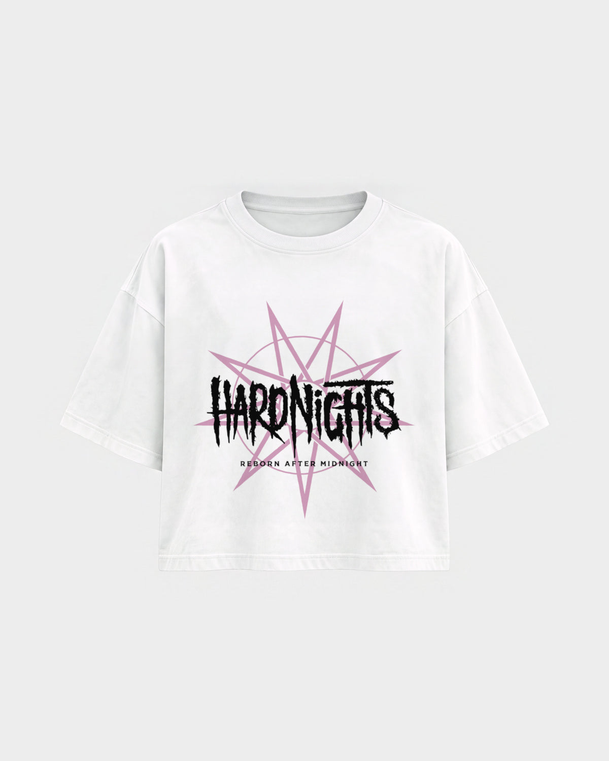 Reborn After Midnight – Oversized Crop Top in Weiß, Frontprint – Hard Nights