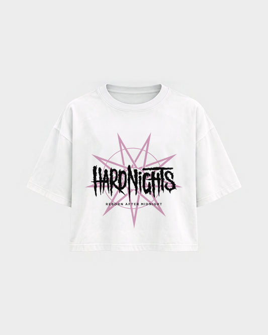 Reborn After Midnight – Oversized Crop Top in Weiß, Frontprint – Hard Nights