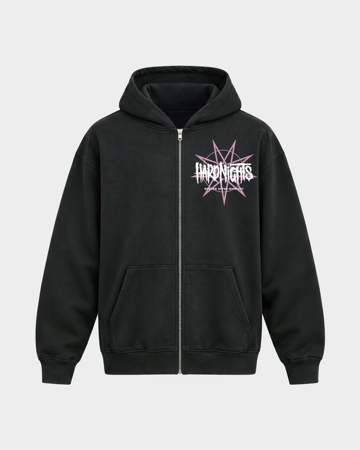 Reborn After Midnight – Oversized Zipper Hoodie in Schwarz, Frontprint – Hard Nights