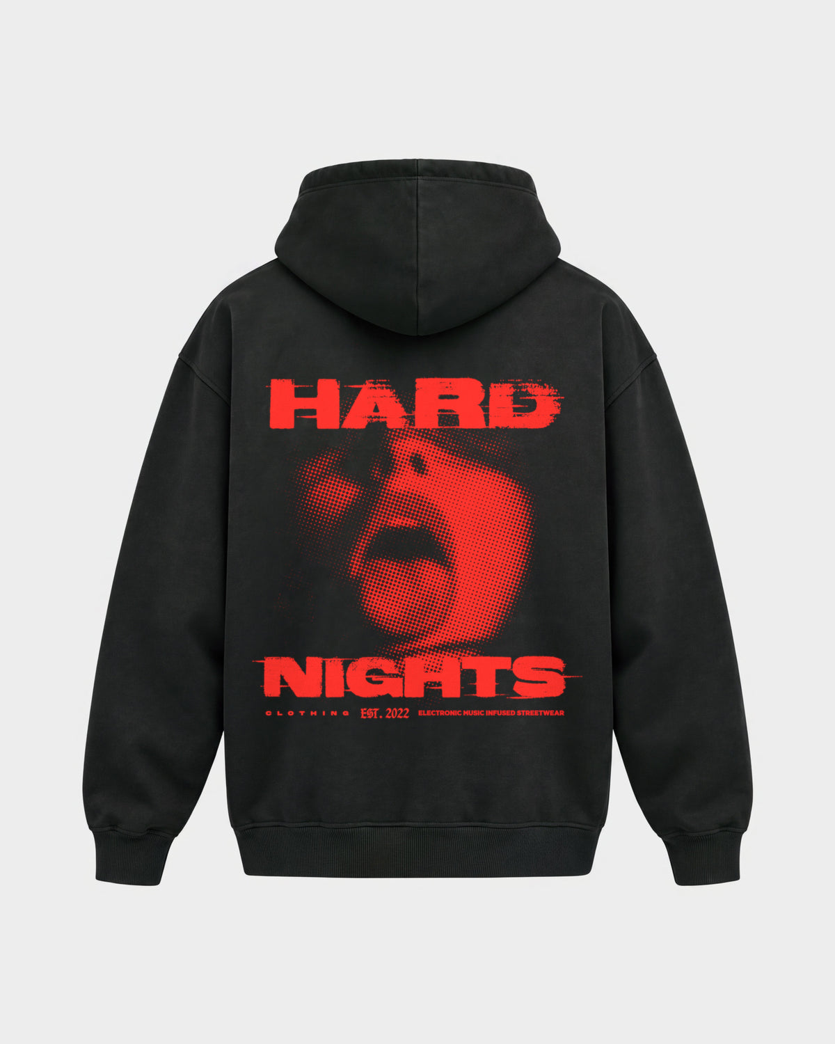 Red Face – Oversized Hoodie in Schwarz, Rückenprint – Hard Nights