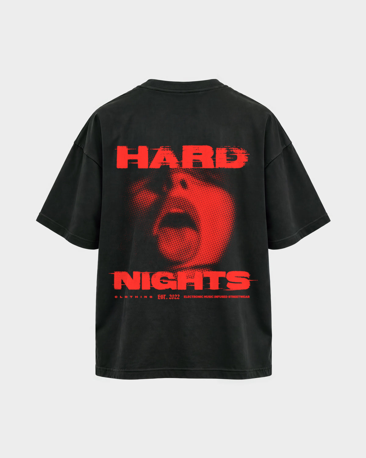 Red Face – Oversized Shirt in Schwarz, Rückenprint – Hard Nights